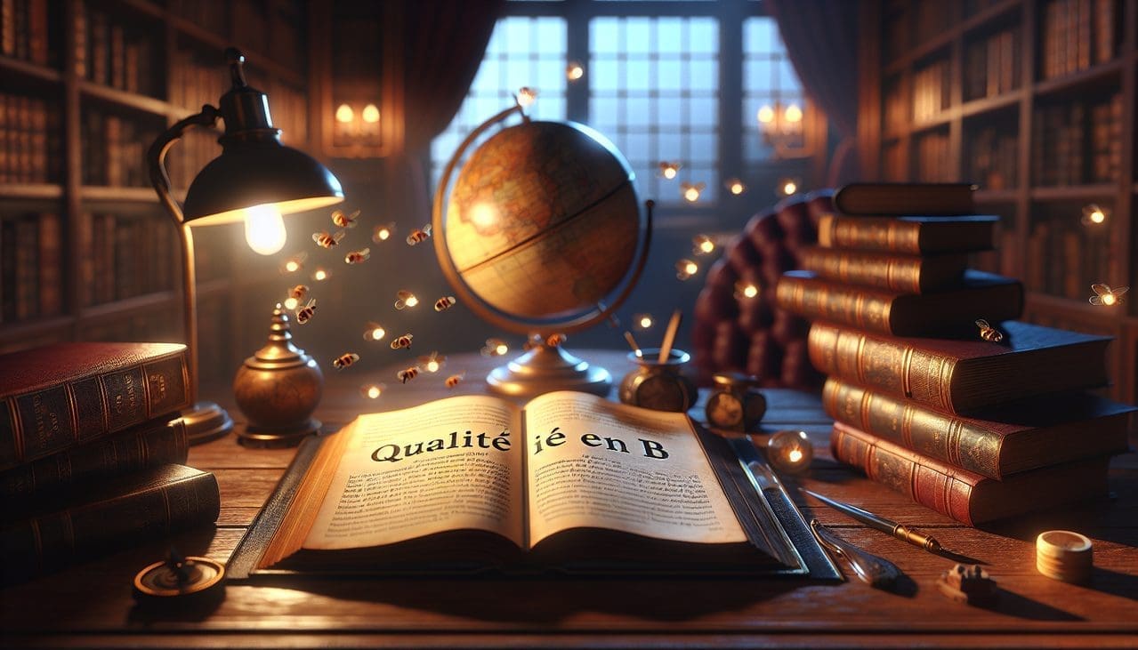 Affiche "Qualité en B" entouré de mots en B tel que Bravery, Benevolence, Brilliance et Balance, dans un bureau chaleureux et éclairé.