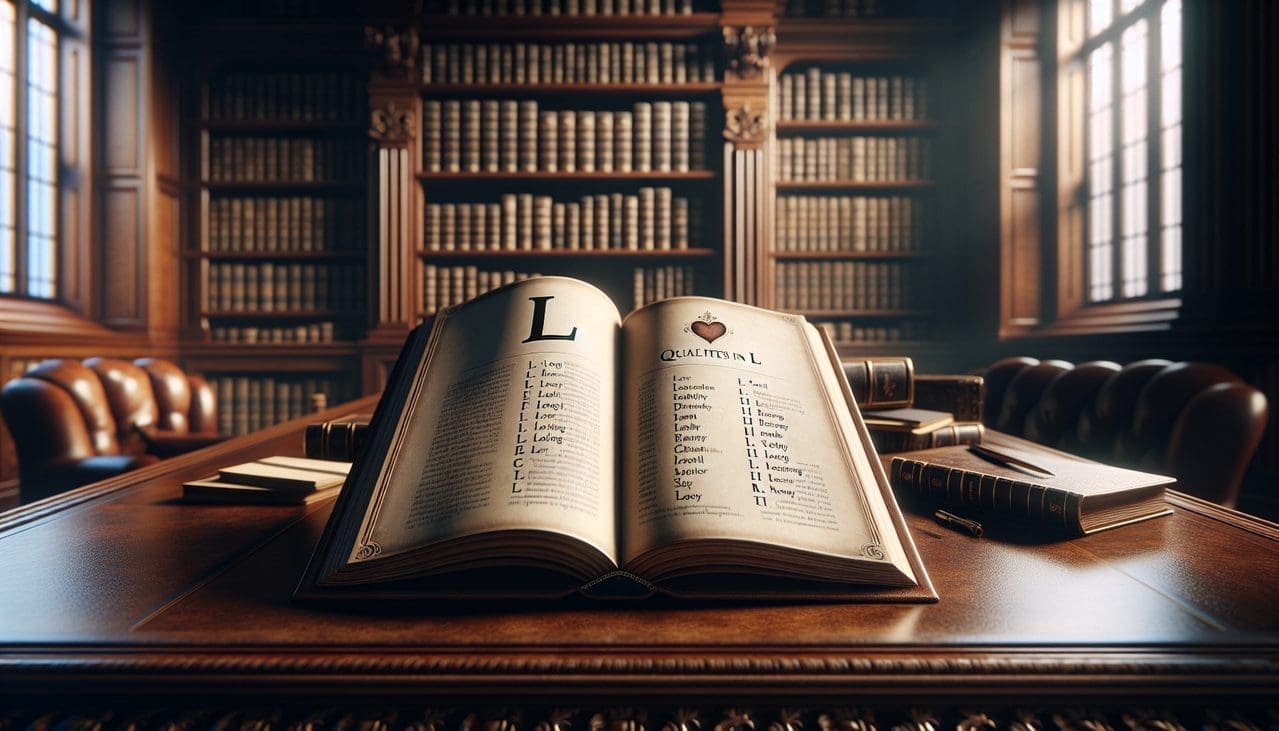 Affiche "Qualités en L" sur une page de livre ouvert, entouré d'icônes raffinées. --- "Qualités en L" sur page, icônes assorties, décor élégant, ambiance étude.