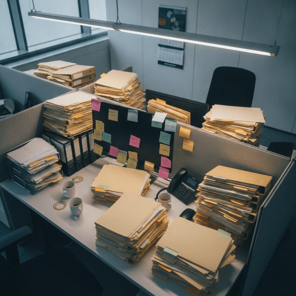 Bureau surchargé avec piles de dossiers et multiples tâches illustrant les situations professionnelles à risque de burn-out