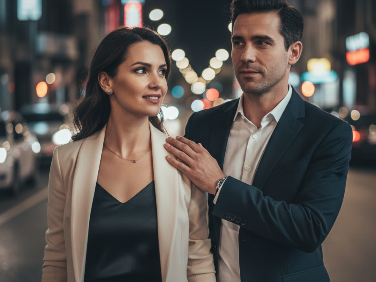 Main d'un homme posée sur l'épaule d'une femme pendant une conversation