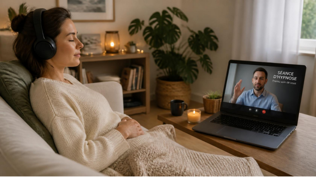 Personne détendue pendant une séance d'hypnose en ligne en visio depuis son salon