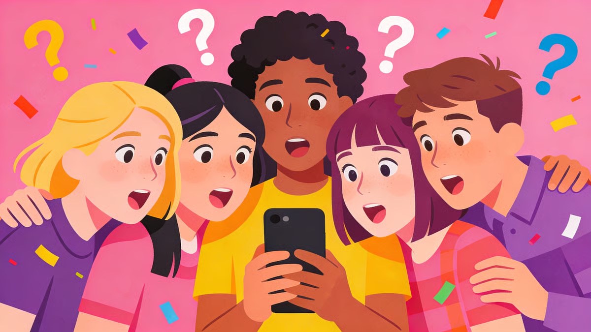 Deux amis réalisent un quiz d'amitié sur un téléphone