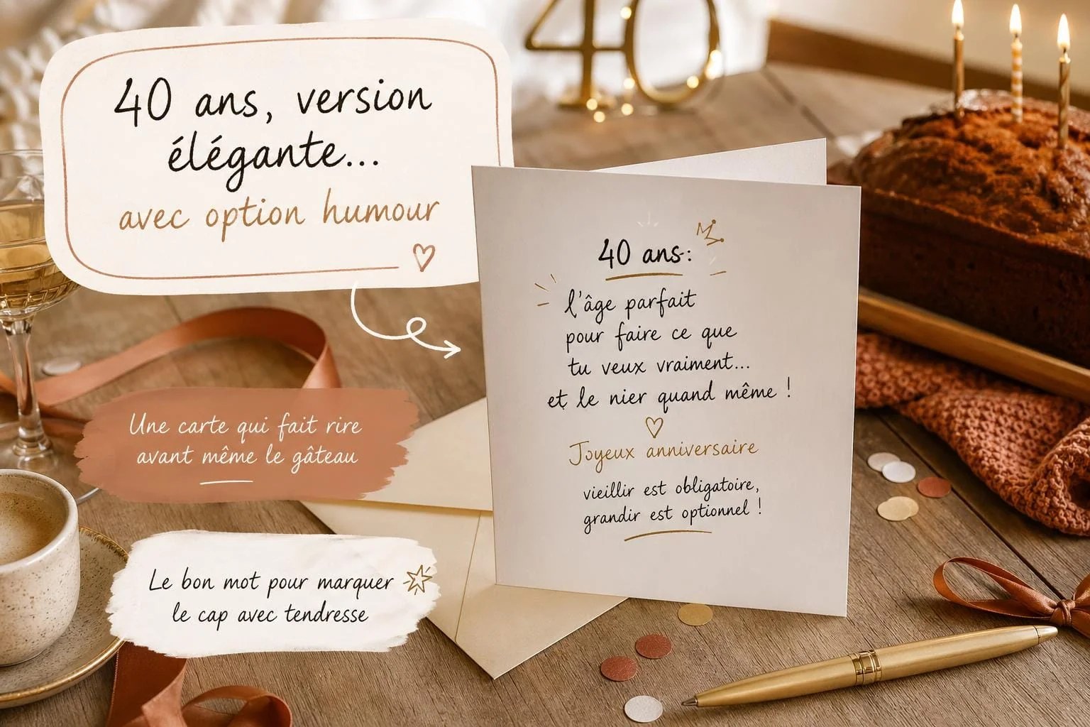 Carte d'anniversaire ouverte avec un petit mot manuscrit posée à côté d'un gâteau et de bougies